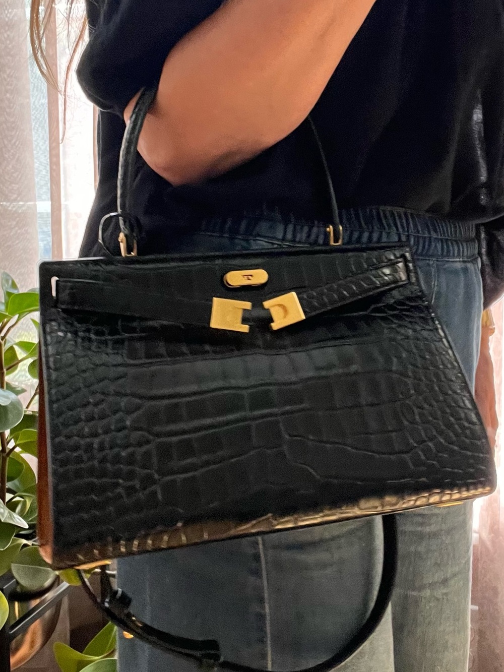 Tory Burch Lee Rodziwill Black Croc Embossed Leather Top Handle/Shoulder Bag